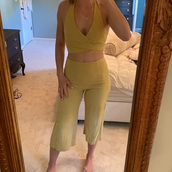 Blue Blush Pants - Mustard yellow linen set. M. Blue blush.